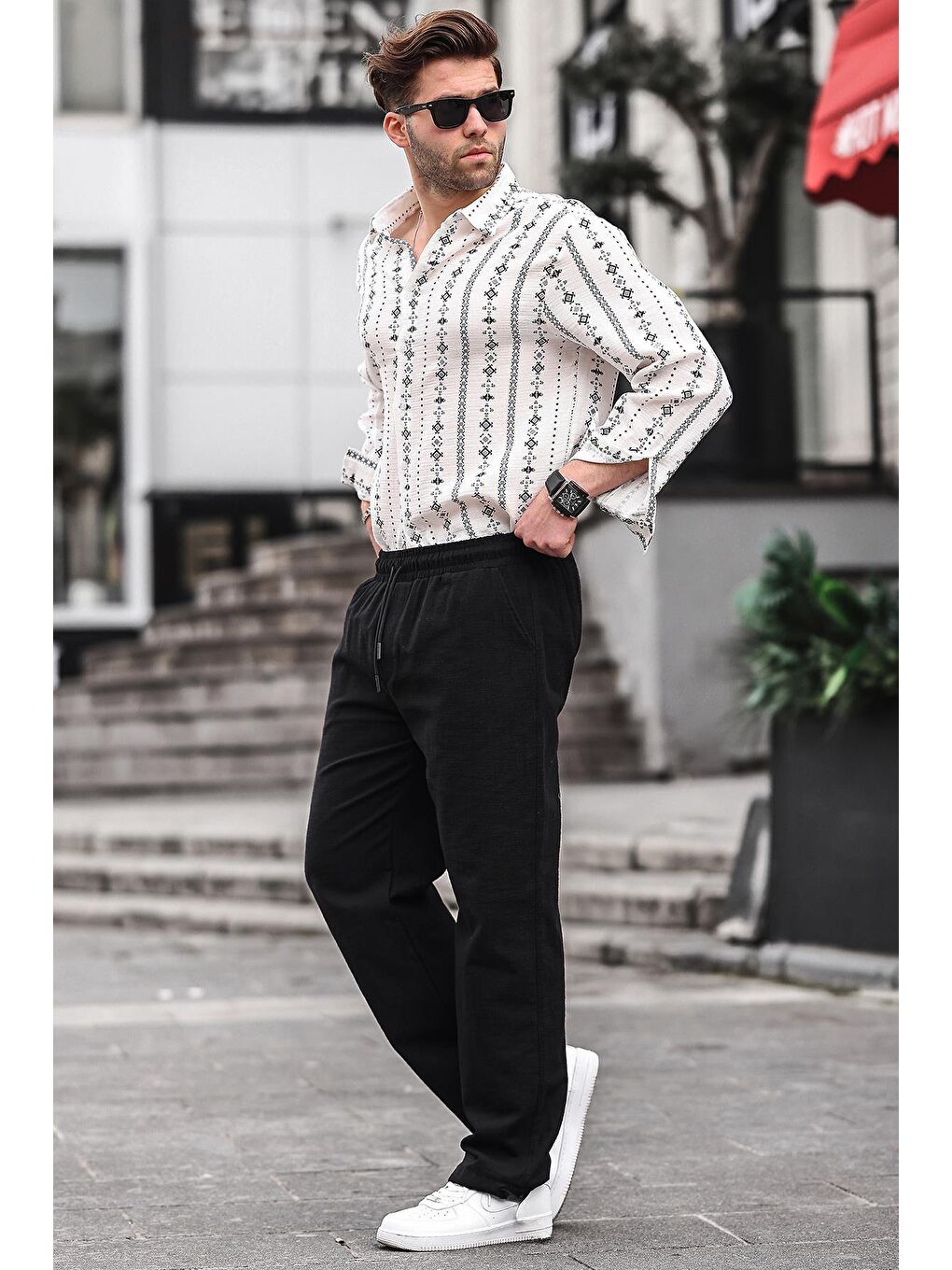 Paça Detaylı Rahat Kesim Erkek Siyah %100 Pamuk Pantolon 6532