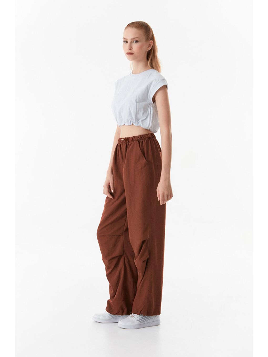 Fullamoda Beyaz Basic Beli Büzgülü Crop Tişört - 3