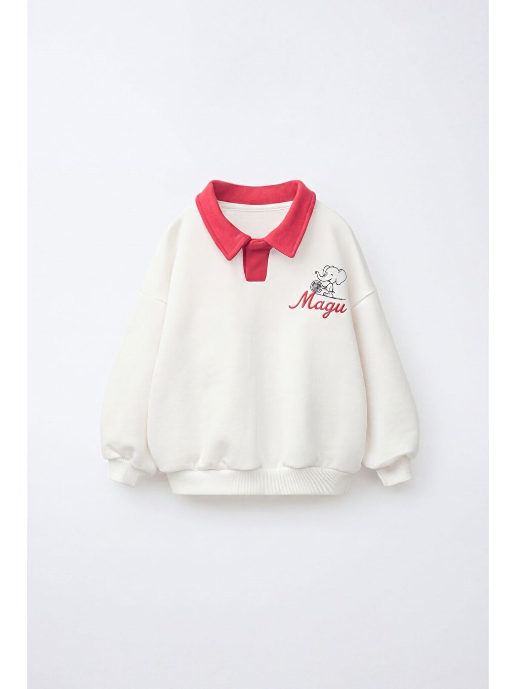 Karışık Çocuk Pamuklu Fil Nakışlı Kırmızı Polo Yaka Ekru Sweatshirt