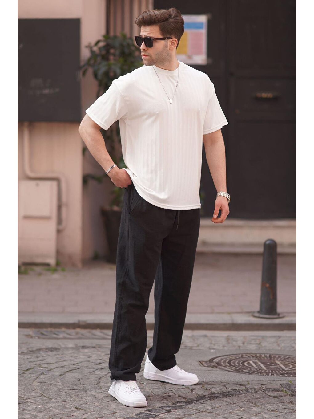 Paça Detaylı Rahat Kesim Erkek Siyah %100 Pamuk Pantolon 6532-1