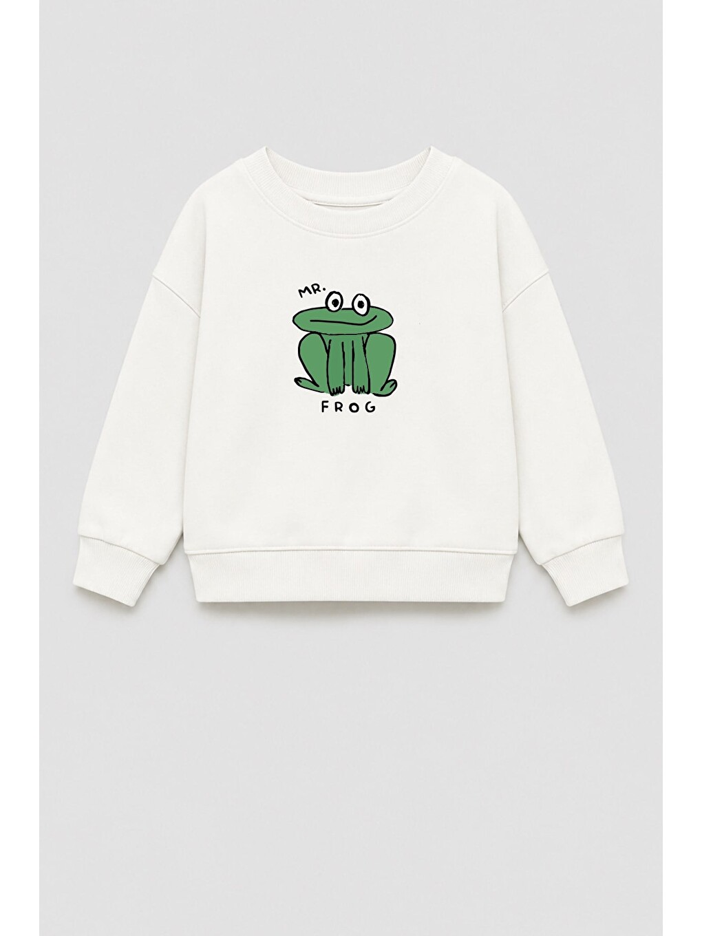 Ekru Unisex Çocuk Kurbağa Baskılı 3 İplik Kumaş Pamuklu Sweatshirt