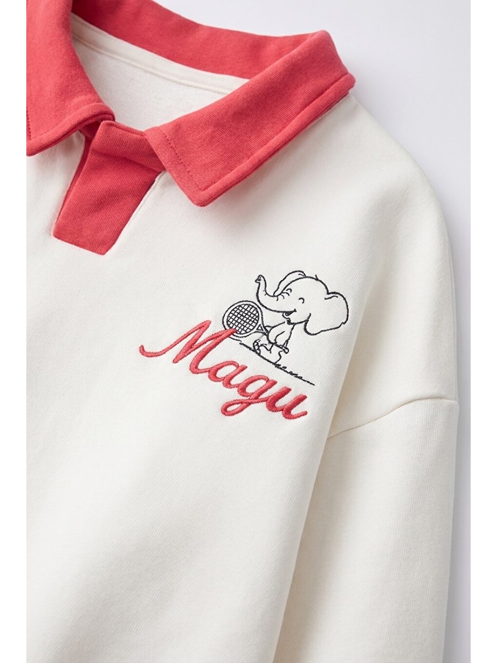 Karışık Çocuk Pamuklu Fil Nakışlı Kırmızı Polo Yaka Ekru Sweatshirt-3