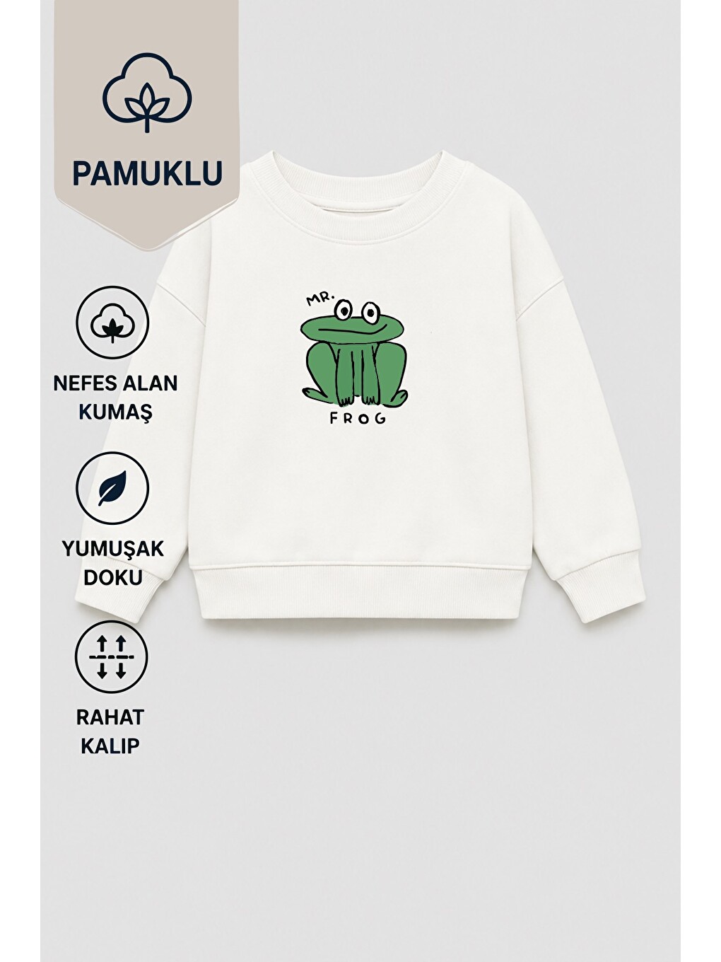 Ekru Unisex Çocuk Kurbağa Baskılı 3 İplik Kumaş Pamuklu Sweatshirt-1