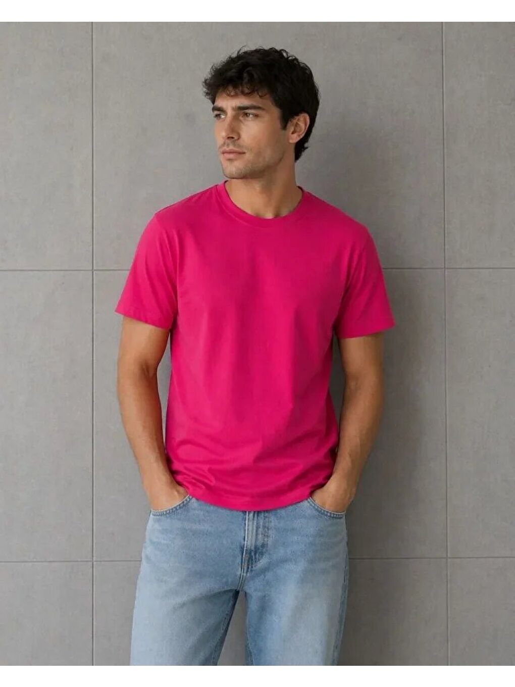 Fuşya Erkek Basic Pamuklu Tişört-3