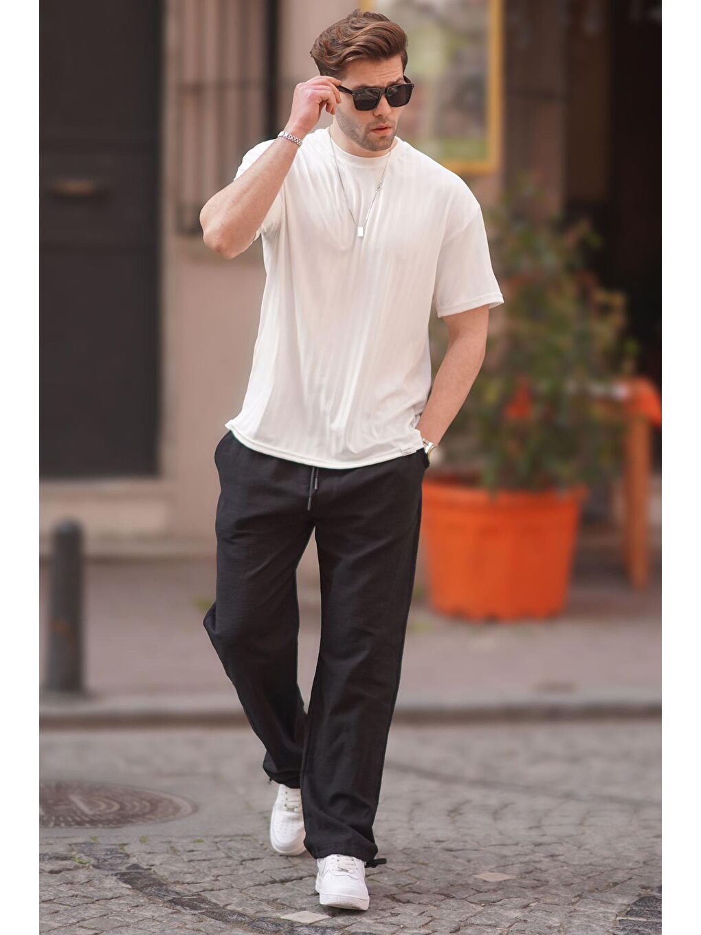 Paça Detaylı Rahat Kesim Erkek Siyah %100 Pamuk Pantolon 6532-2