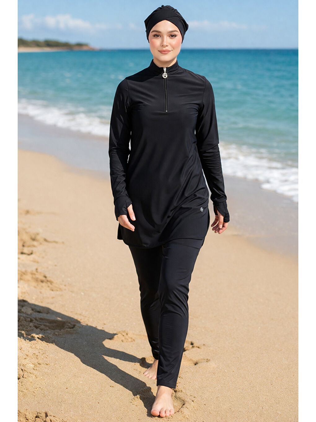 Elastanlı Yarım Fermuarlı Bilek Geçirme Detay Tam Kapalı Tesettür Mayo 6174 Siyah01