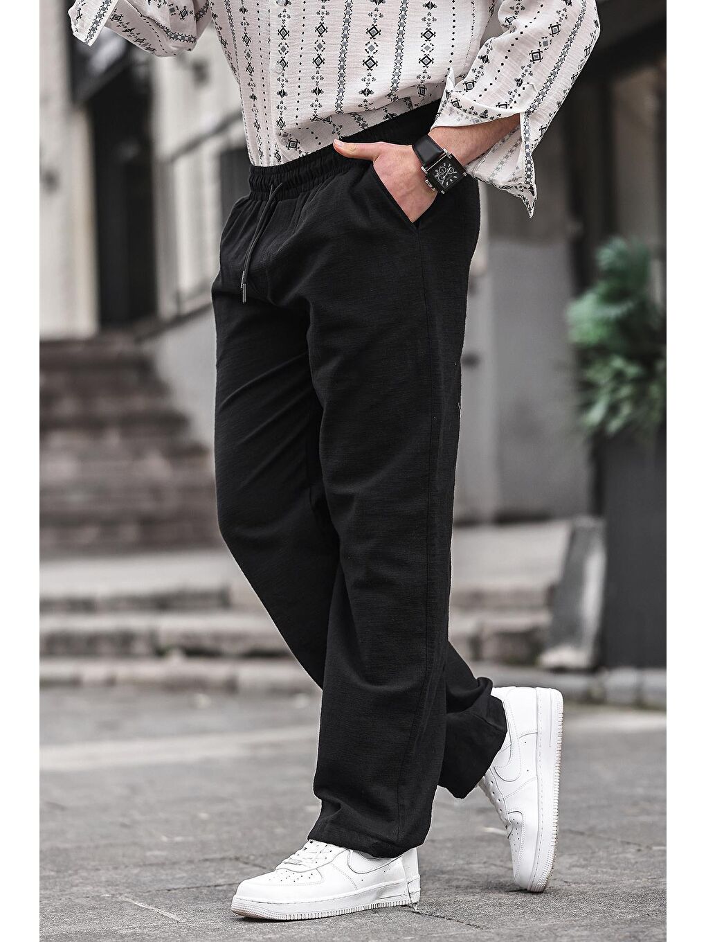 Paça Detaylı Rahat Kesim Erkek Siyah %100 Pamuk Pantolon 6532-3