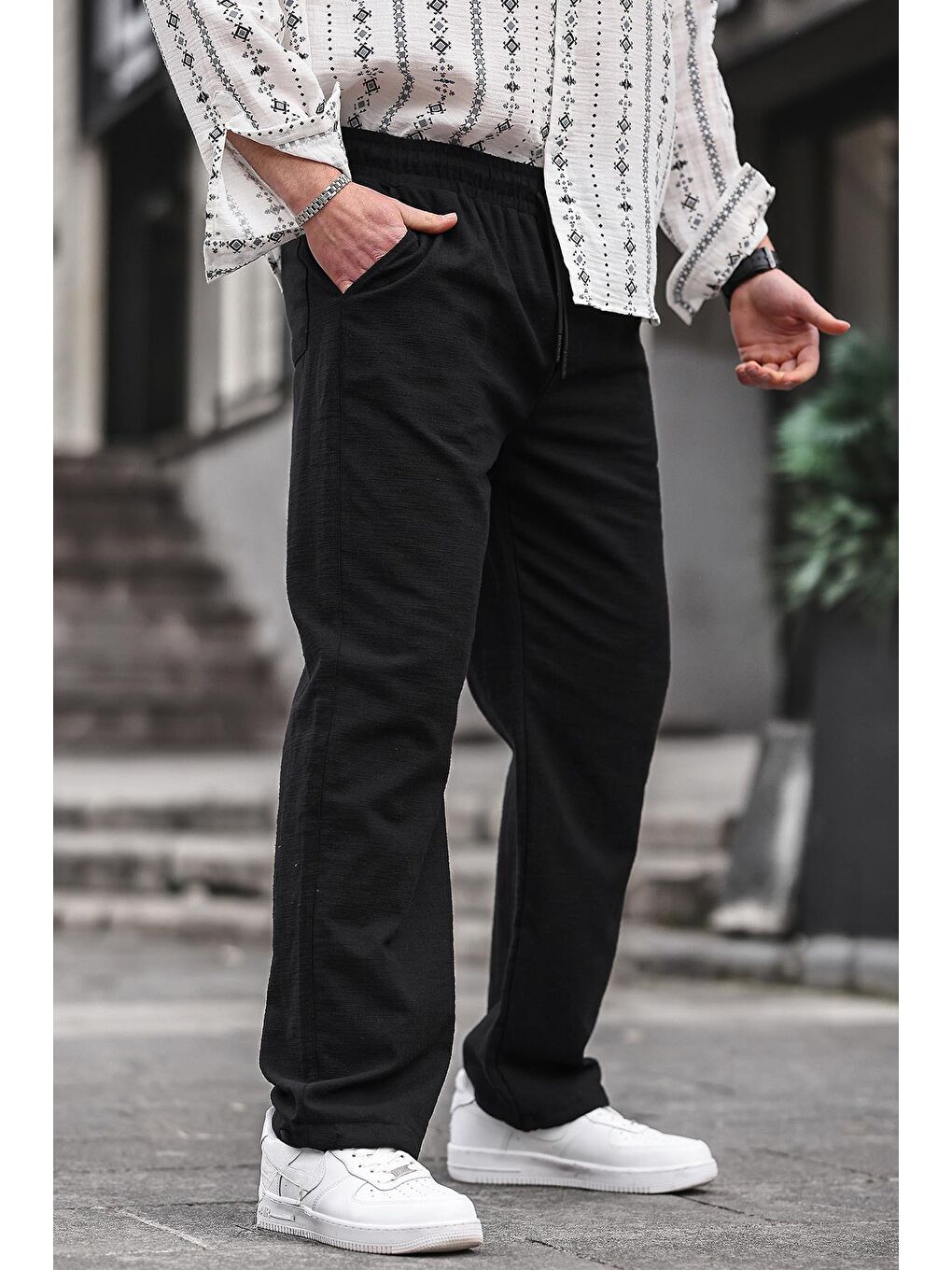 Paça Detaylı Rahat Kesim Erkek Siyah %100 Pamuk Pantolon 6532-4