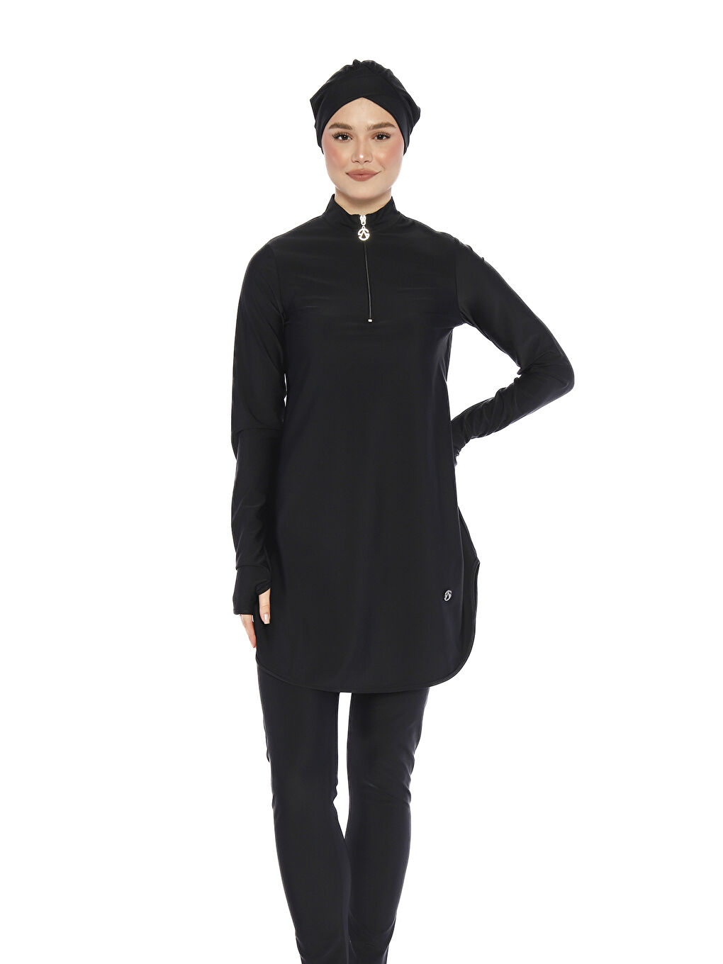 Elastanlı Yarım Fermuarlı Bilek Geçirme Detay Tam Kapalı Tesettür Mayo 6174 Siyah01-1