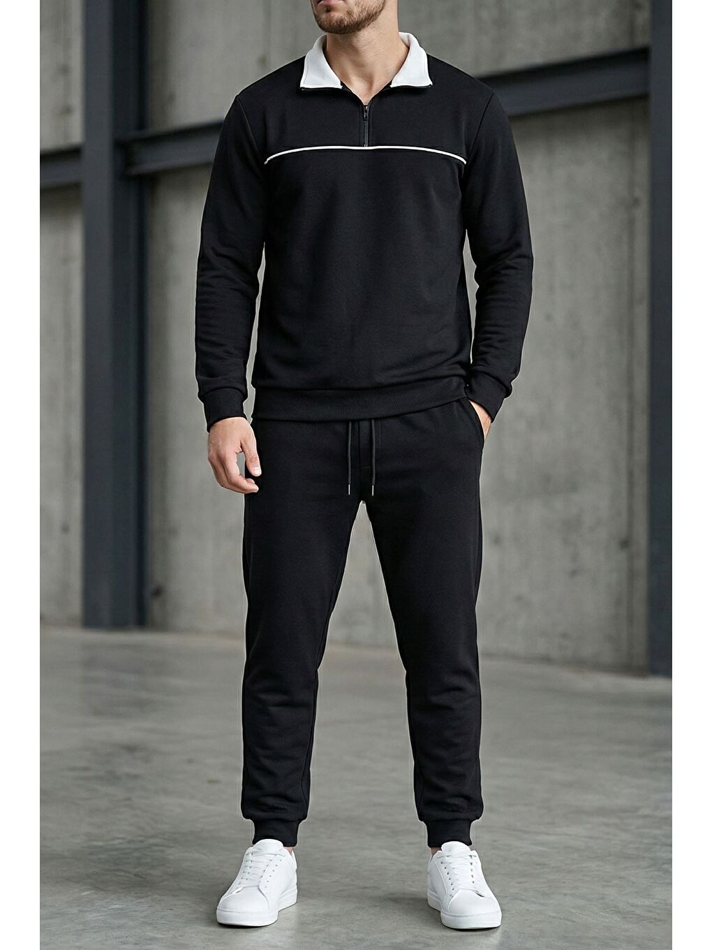 Siyah Erkek Polo Yaka Yarım Fermuarlı Sweat Bel Lastikli Pantolon İkili Takım