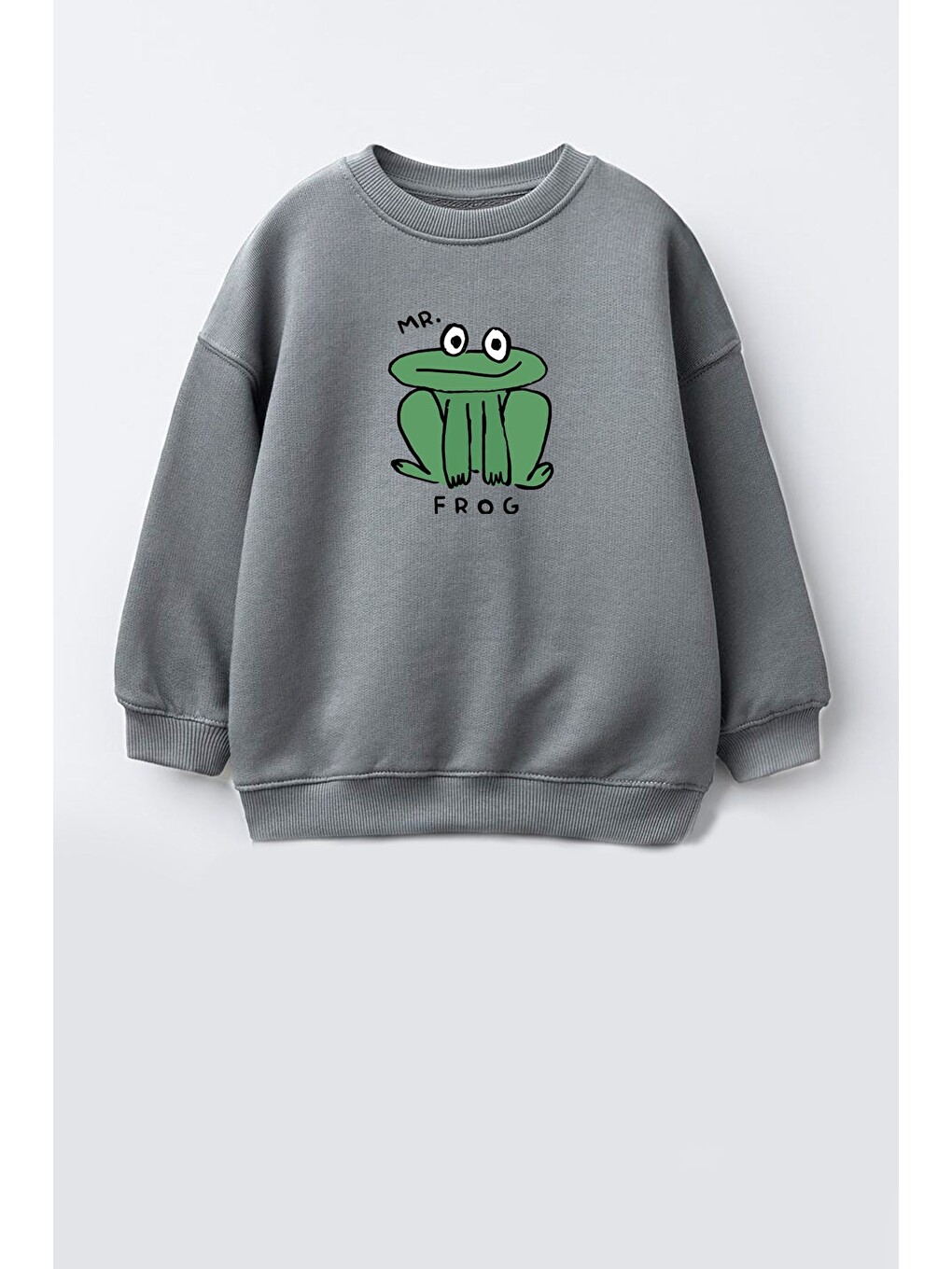 Antrasit Unisex Çocuk Kurbağa Baskılı 3 İplik Kumaş Pamuklu Sweatshirt