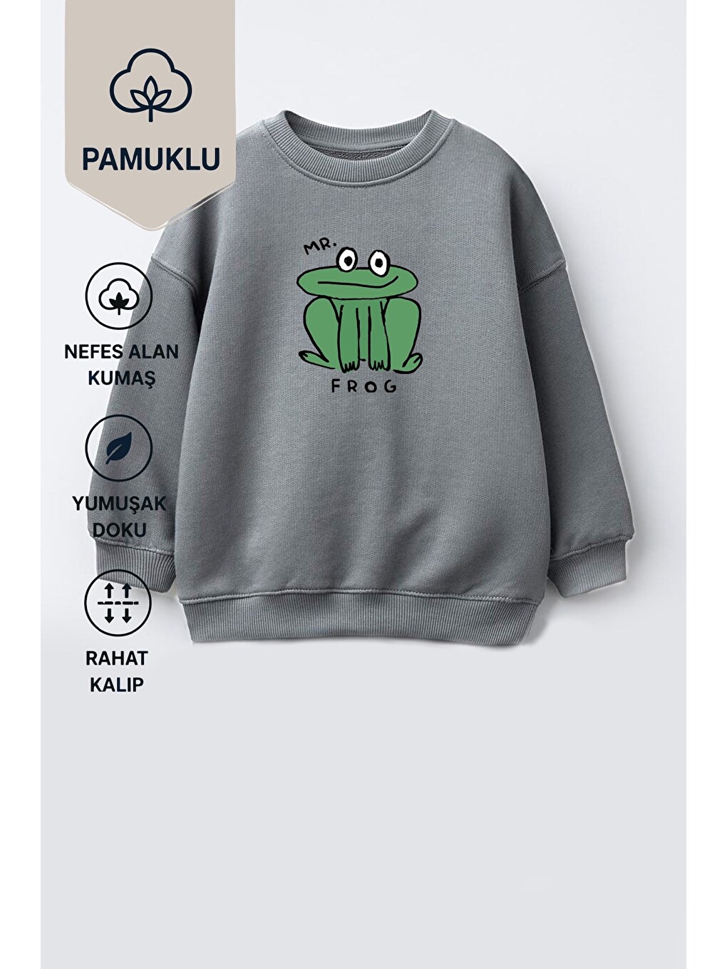 Antrasit Unisex Çocuk Kurbağa Baskılı 3 İplik Kumaş Pamuklu Sweatshirt-2