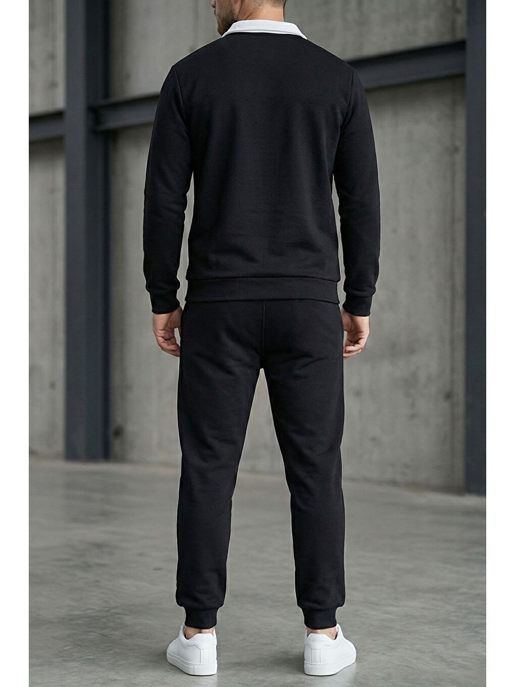 Siyah Erkek Polo Yaka Yarım Fermuarlı Sweat Bel Lastikli Pantolon İkili Takım-1