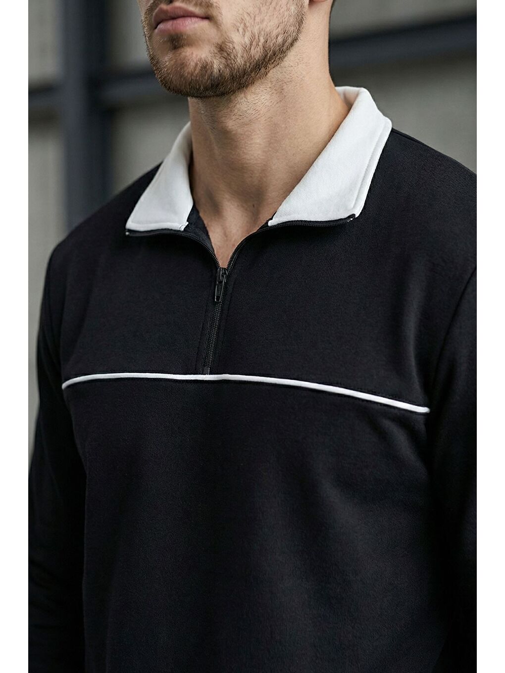 Siyah Erkek Polo Yaka Yarım Fermuarlı Sweat Bel Lastikli Pantolon İkili Takım-2