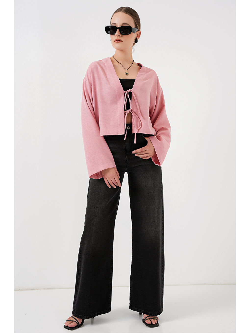 Pembe Önü Bağlamalı Keten Kimono 960 - Pudra-1