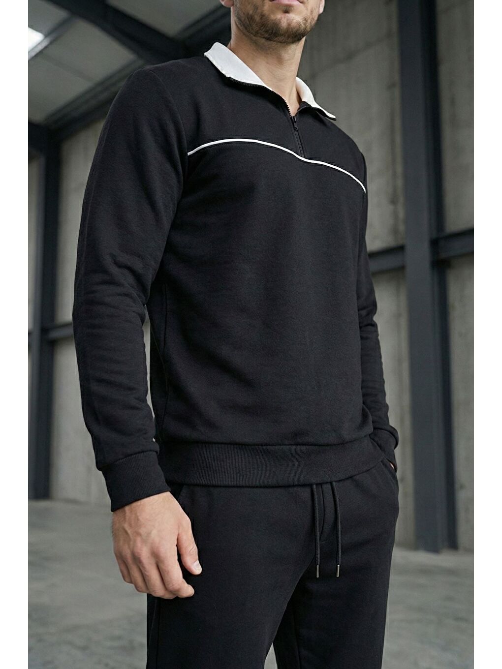 Siyah Erkek Polo Yaka Yarım Fermuarlı Sweat Bel Lastikli Pantolon İkili Takım-3