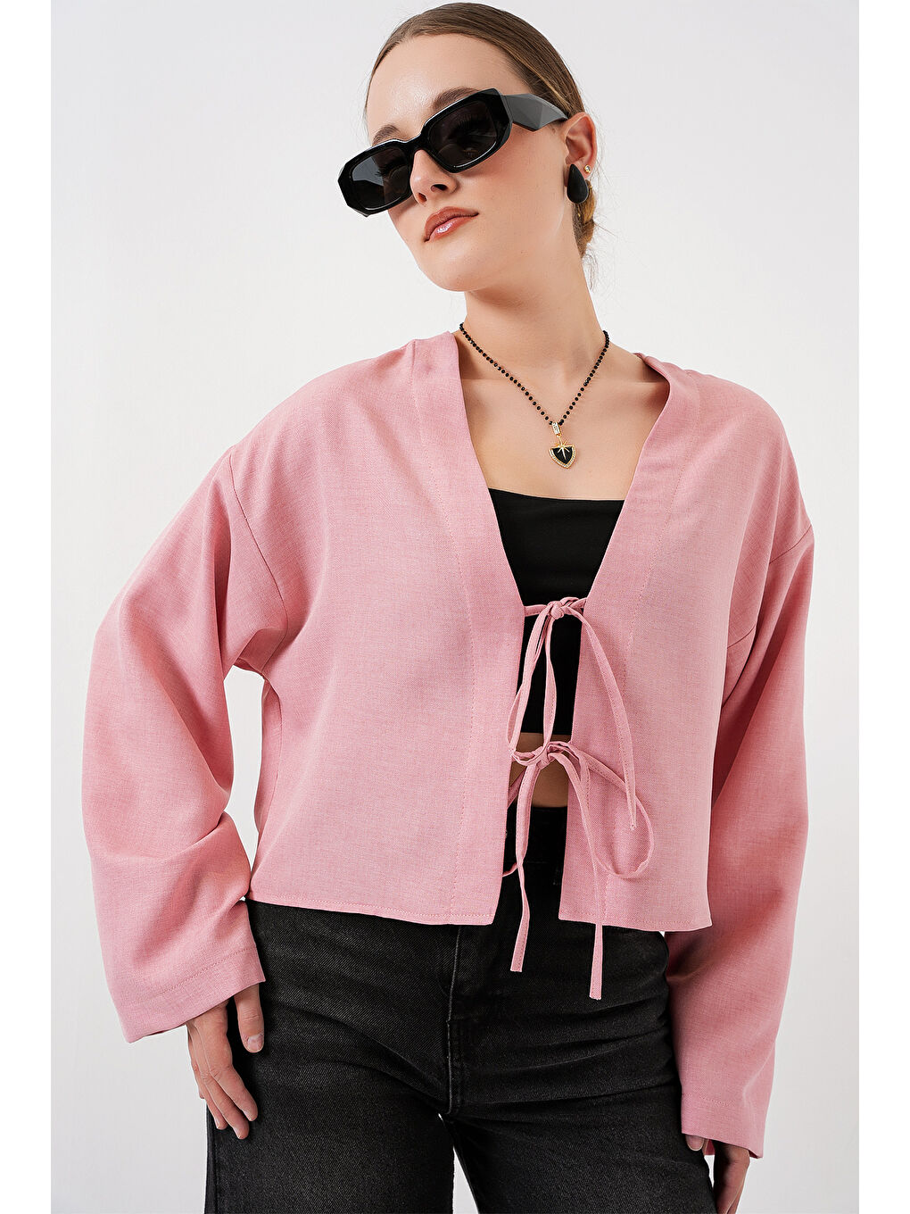 Pembe Önü Bağlamalı Keten Kimono 960 - Pudra-2