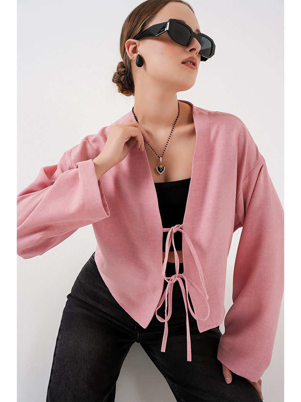 Pembe Önü Bağlamalı Keten Kimono 960 - Pudra-3