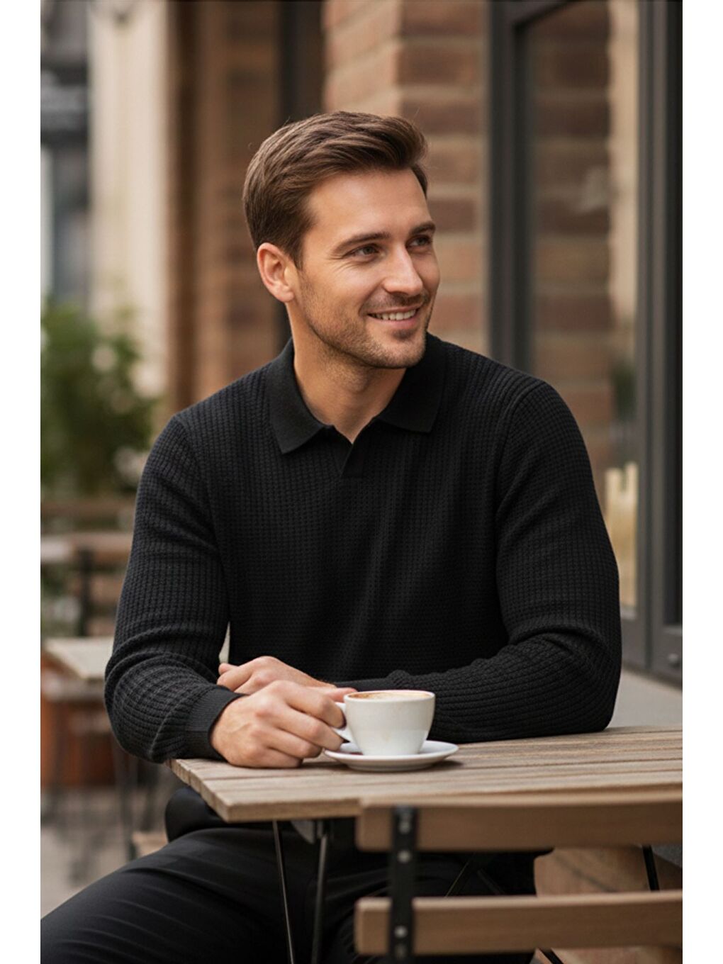 Siyah Erkek Polo Yaka Elastanlı Triko Kazak-1