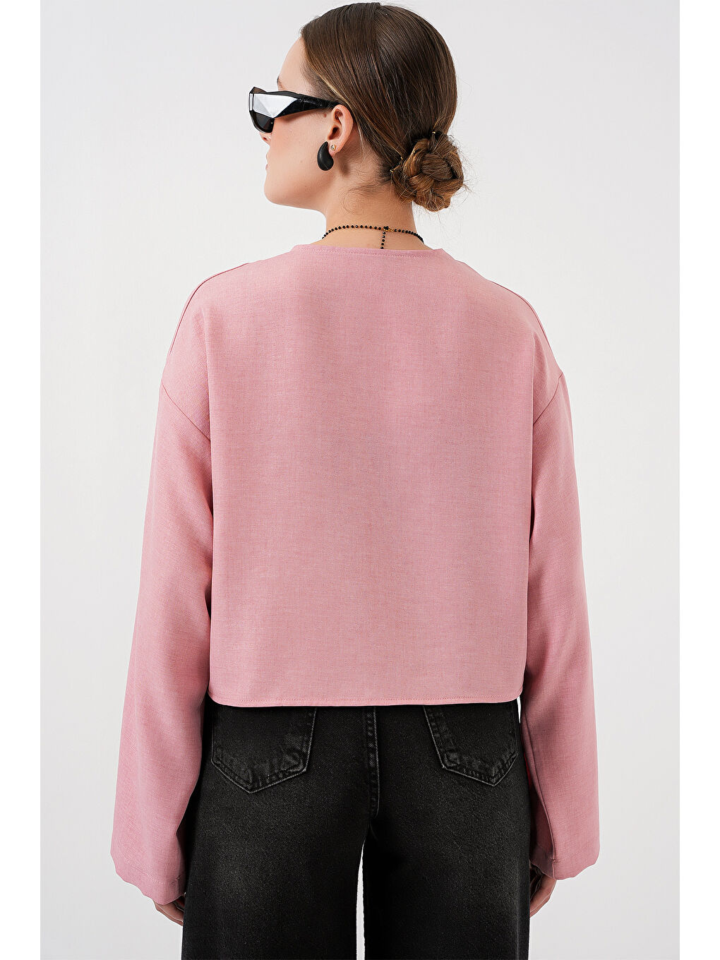 Pembe Önü Bağlamalı Keten Kimono 960 - Pudra-5