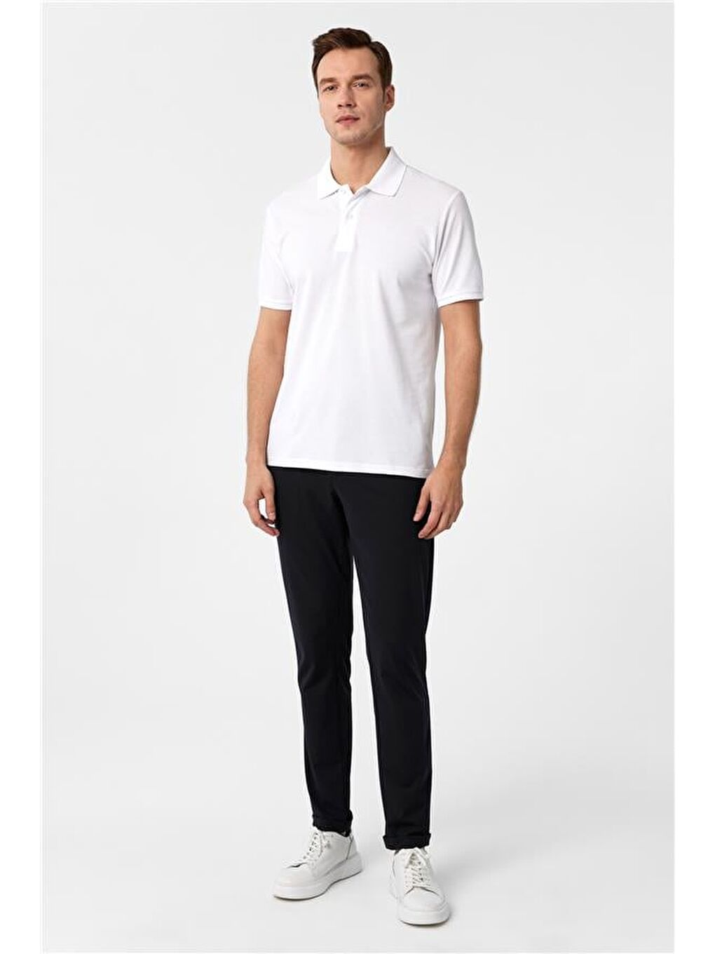 Beyaz Slim Armürlü Polo Yaka Tişört-5