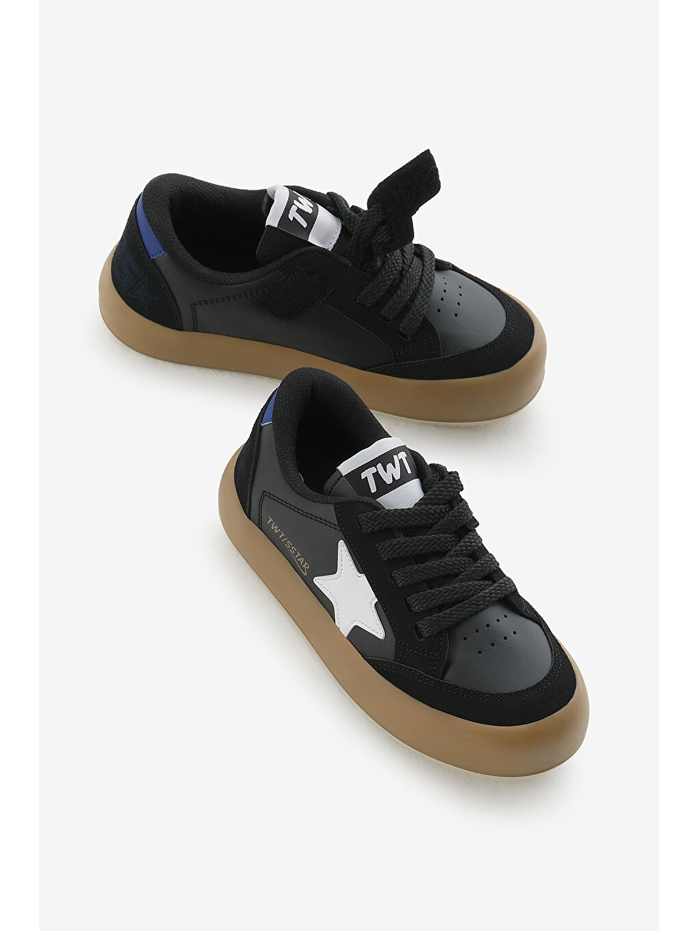 Çocuk Unisex Siyah Beyaz Termo Taban Yıldız Detaylı Bağcıklı ve Cırtlı Spor Ayakkabı-2