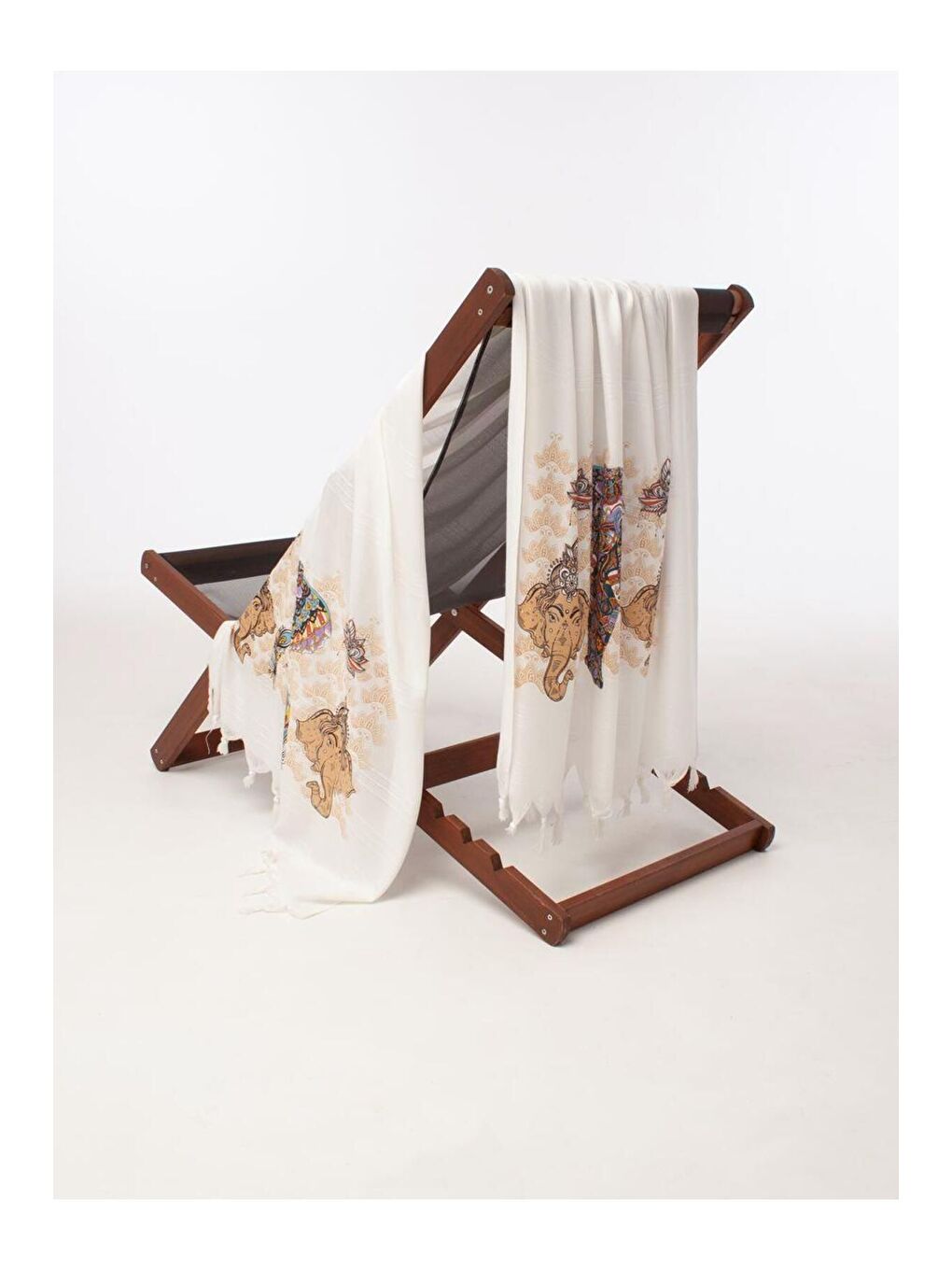 Ekru Baskılı Bambu Peştemal Plaj Havlusu INDIA/90X180