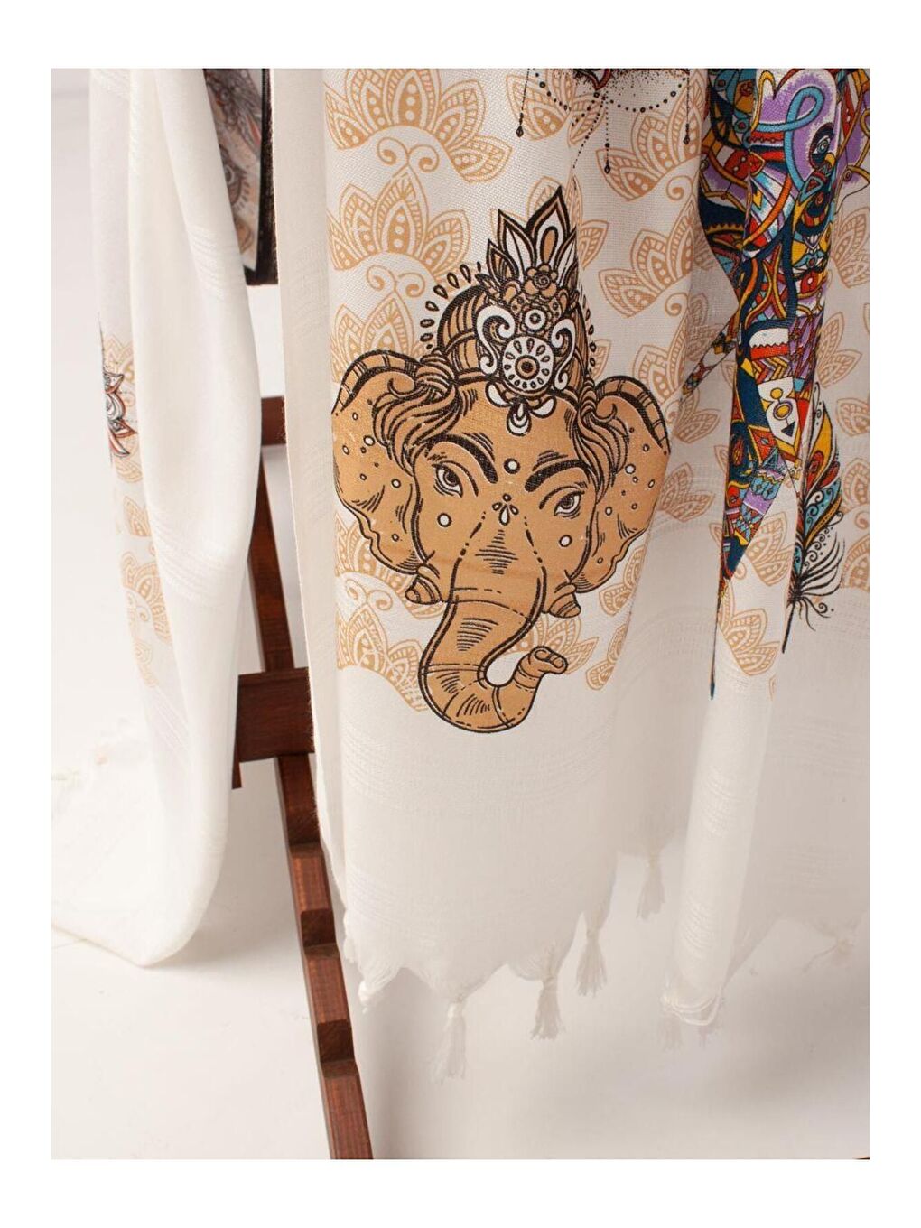 Ekru Baskılı Bambu Peştemal Plaj Havlusu INDIA/90X180-1