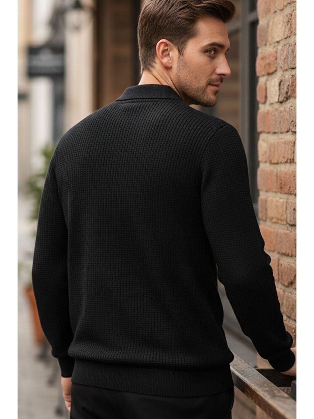 Siyah Erkek Polo Yaka Elastanlı Triko Kazak-2