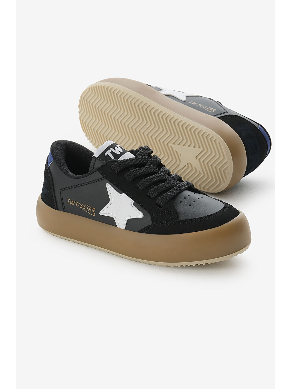 Çocuk Unisex Siyah Beyaz Termo Taban Yıldız Detaylı Bağcıklı ve Cırtlı Spor Ayakkabı-3