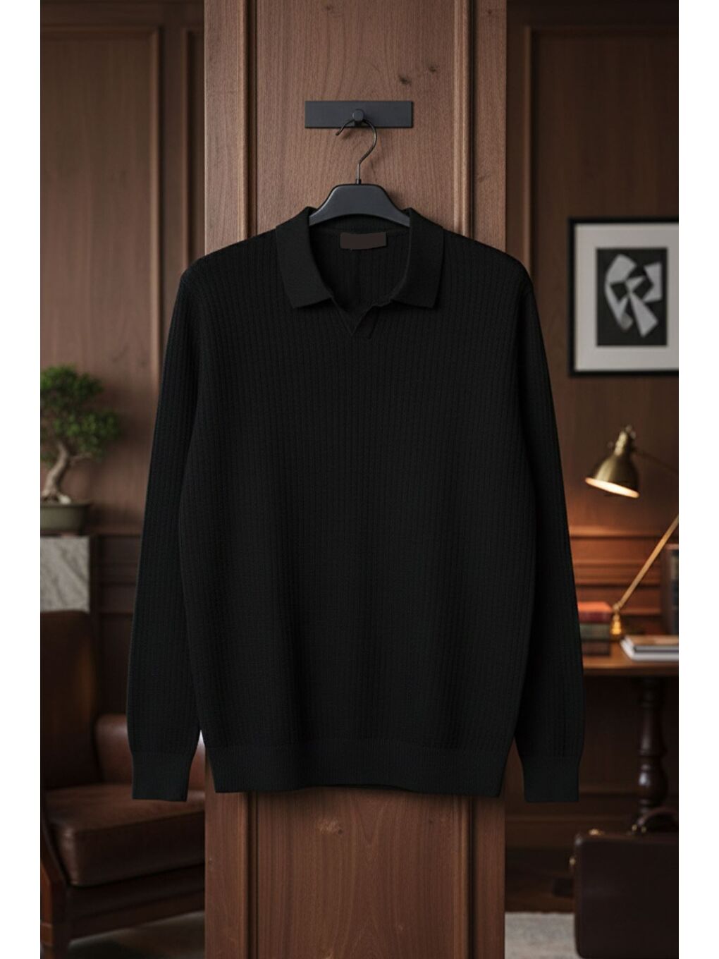 Siyah Erkek Polo Yaka Elastanlı Triko Kazak-3