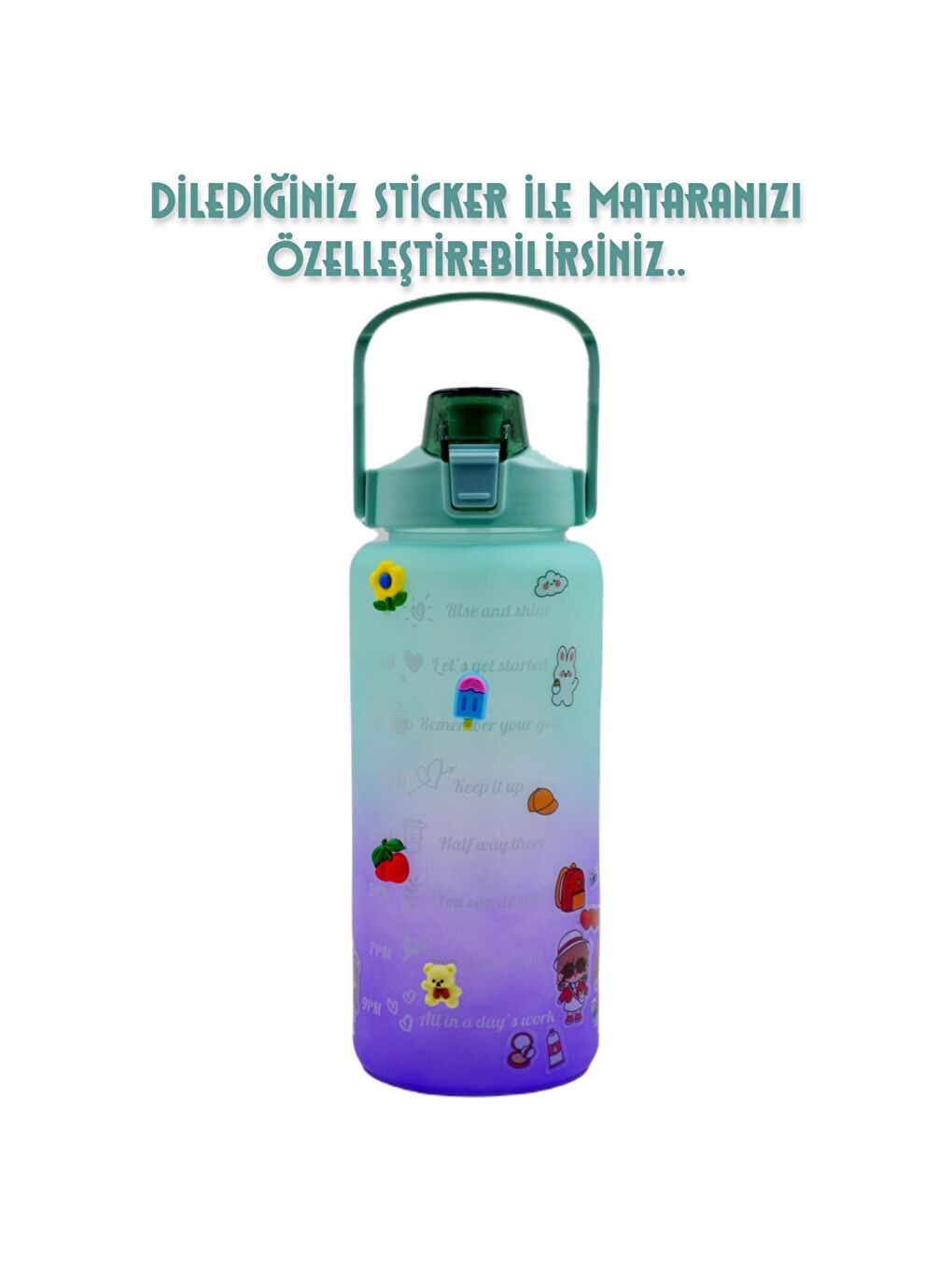 BottleBoss Pastel Renk Geçişli Sızdırmaz Kapak Motivasyon Matarası 2 Litre Sticker HEDİYELİ Yeşil - 5