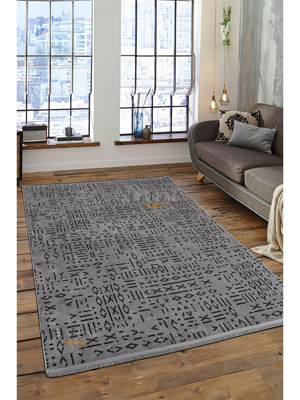 İskandinav Saçaklı Kaymaz Kilim Gri 120x180