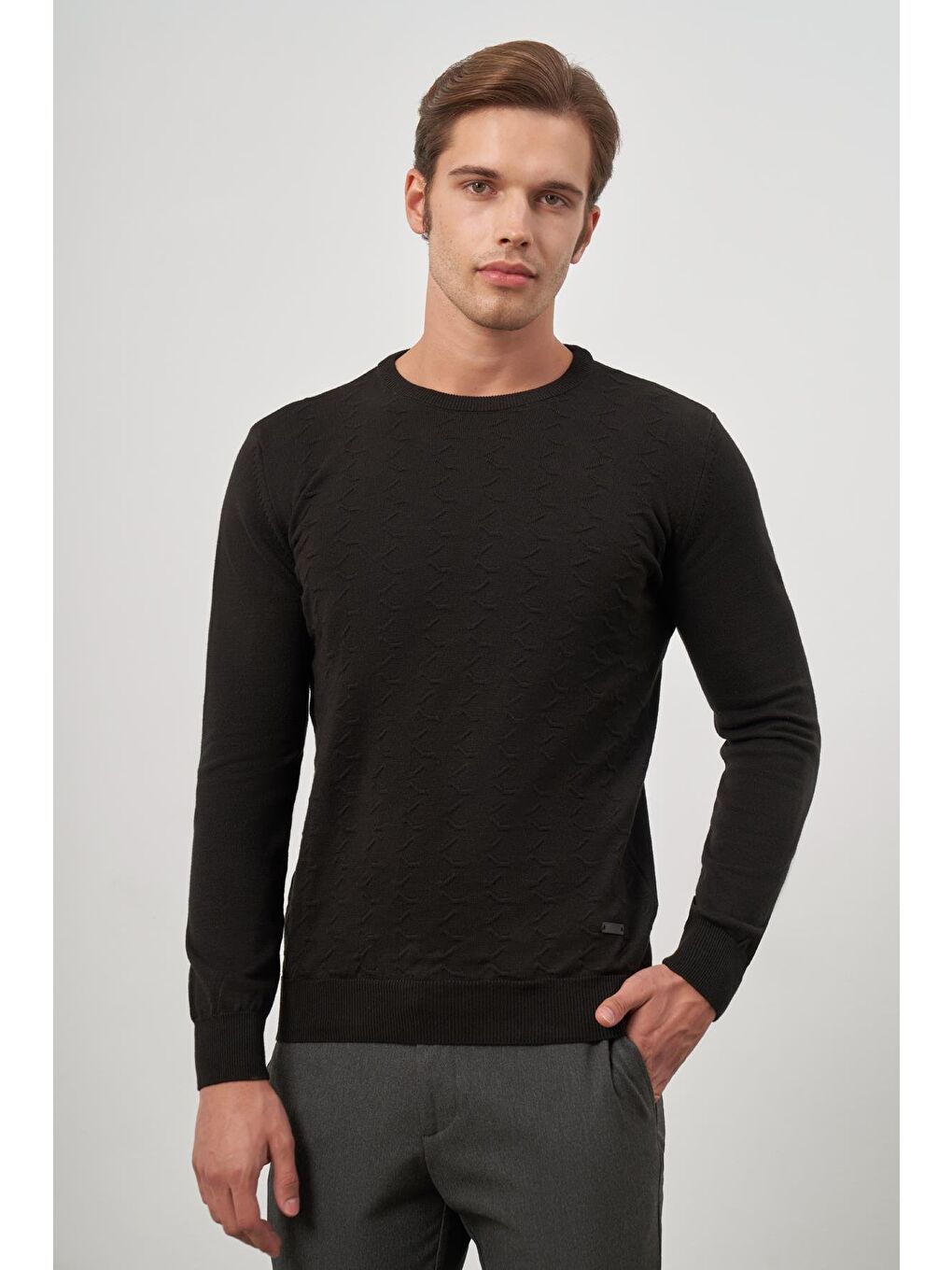 Siyah Uzun Kol Kendinden Desenli Örme Bisiklet Yaka Classic Comfort Fit Triko 1012245155