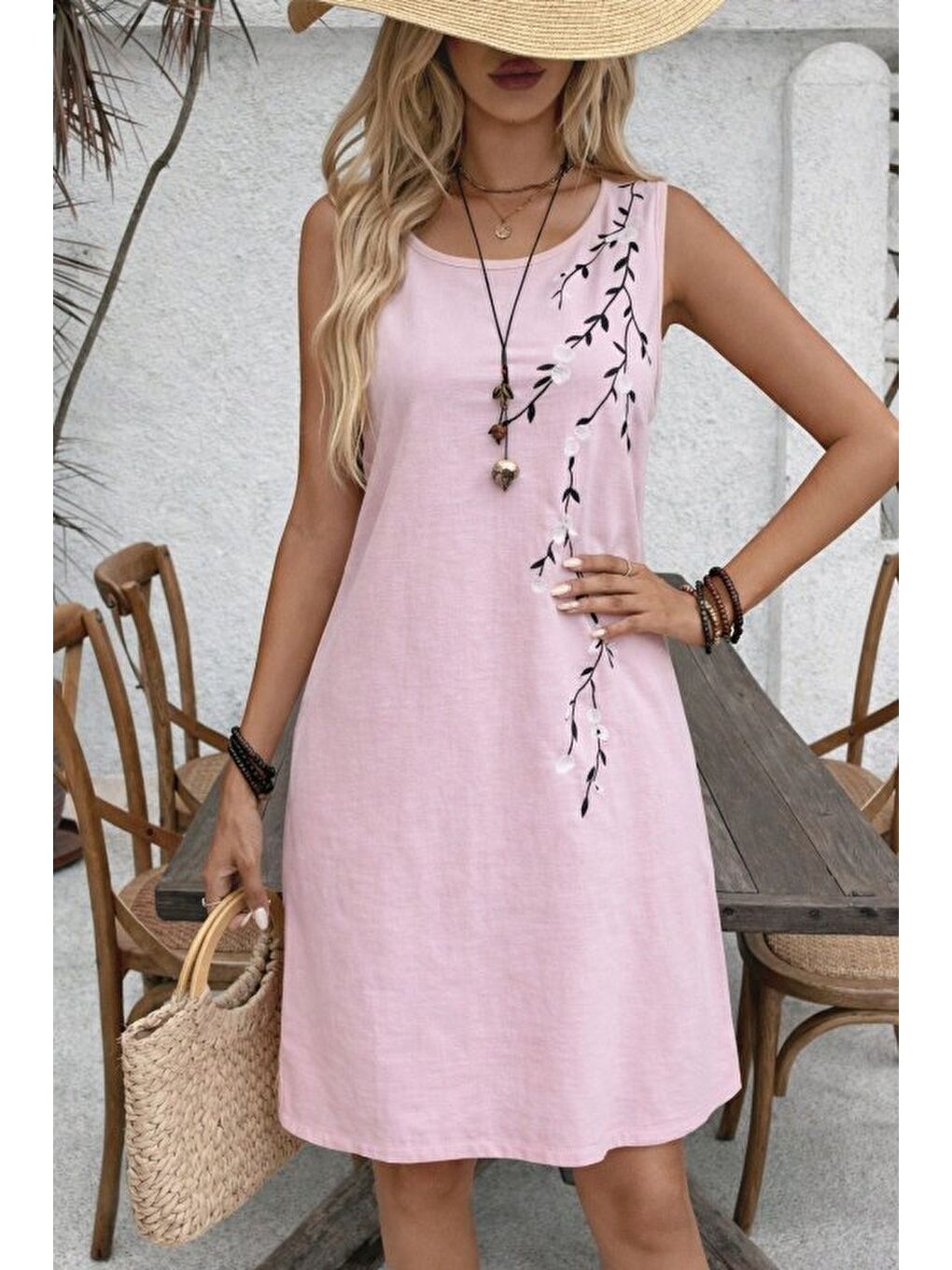 Pembe Kadın Askılı Yuvarlak Yakalı çiçek Desenli Kısa Elbise