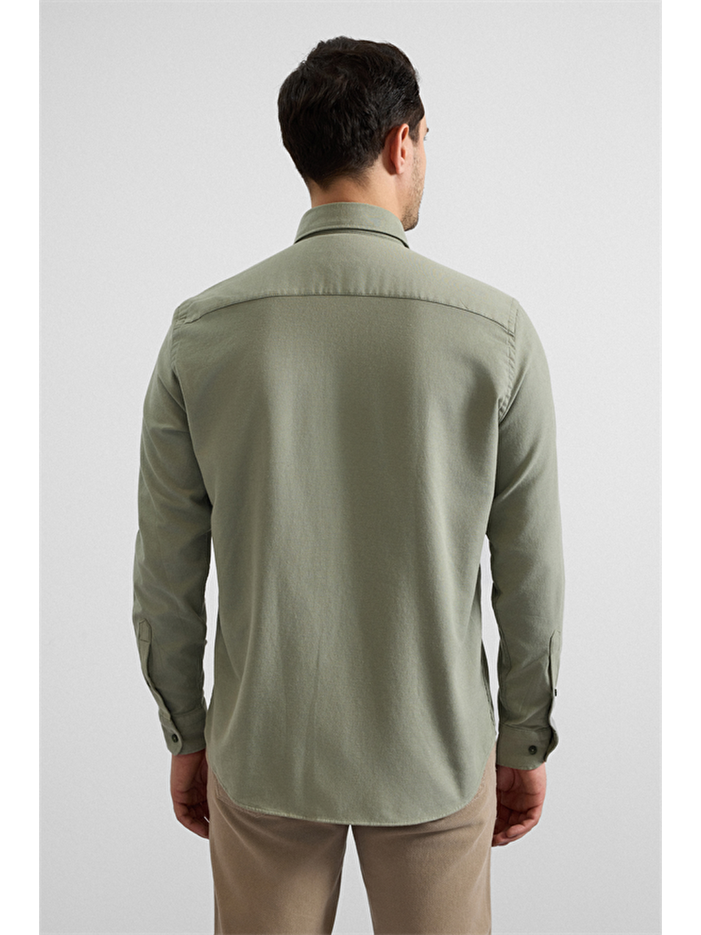 Koyu Yeşil Regular Düğmeli Yaka Düz Cepsiz Casual Gömlek-2