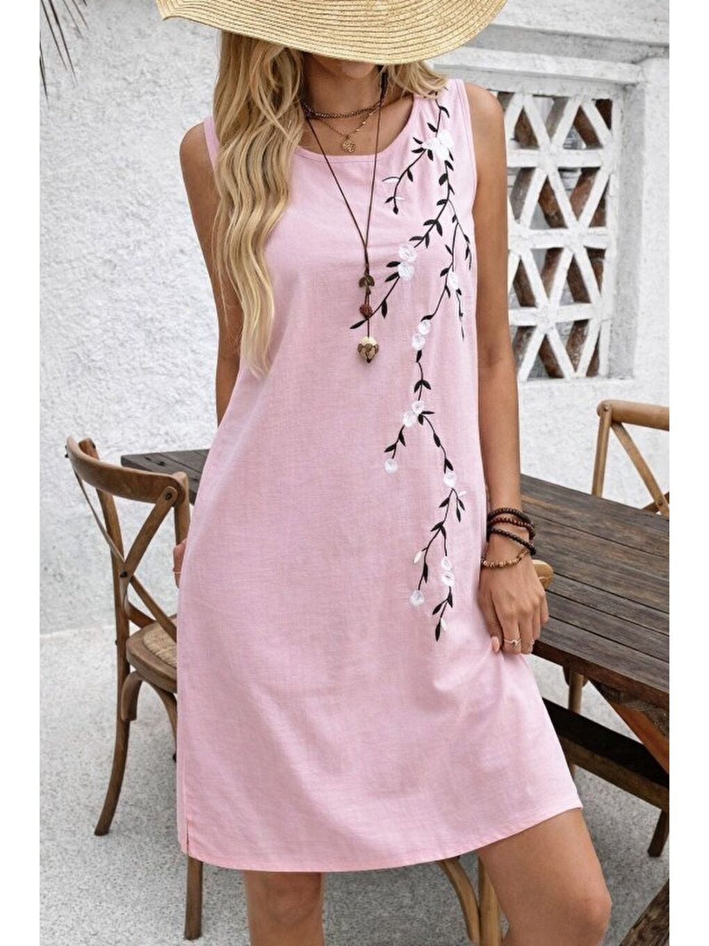 Pembe Kadın Askılı Yuvarlak Yakalı çiçek Desenli Kısa Elbise-1