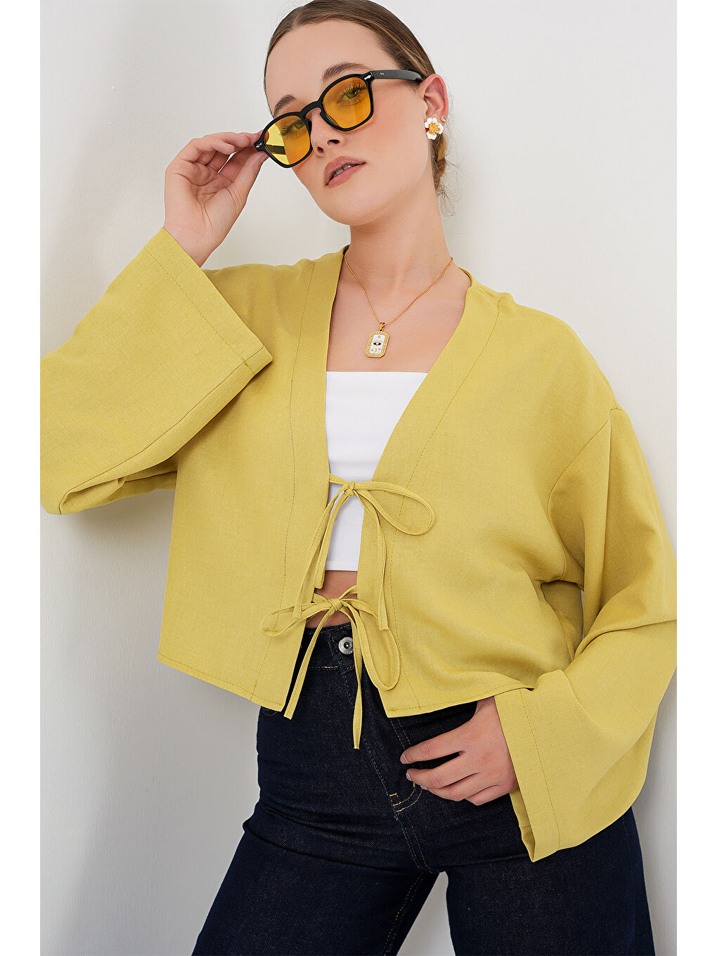 Önü Bağlamalı Keten Kimono 960 - Yağ Yeşil