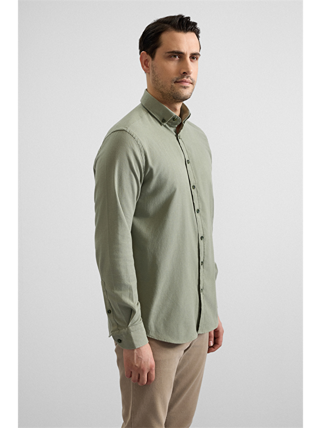 Koyu Yeşil Regular Düğmeli Yaka Düz Cepsiz Casual Gömlek-4