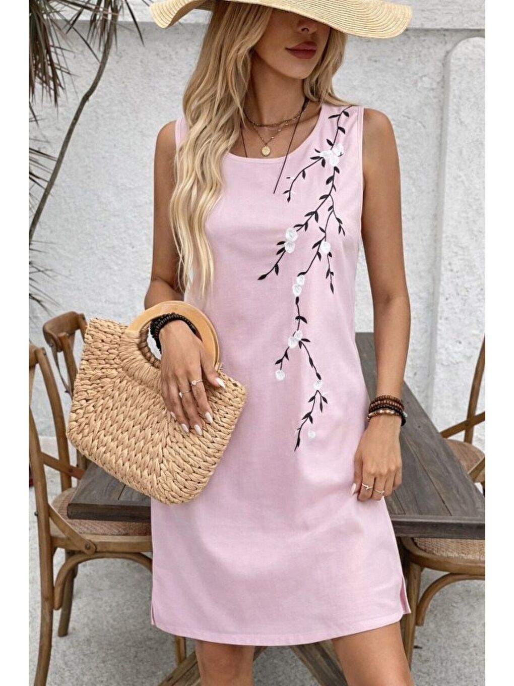 Pembe Kadın Askılı Yuvarlak Yakalı çiçek Desenli Kısa Elbise-3