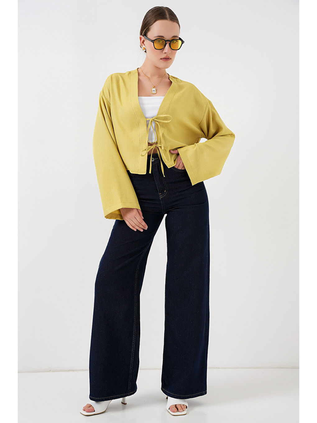 Önü Bağlamalı Keten Kimono 960 - Yağ Yeşil-1