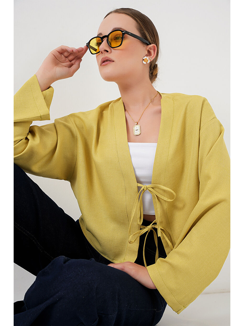 Önü Bağlamalı Keten Kimono 960 - Yağ Yeşil-3