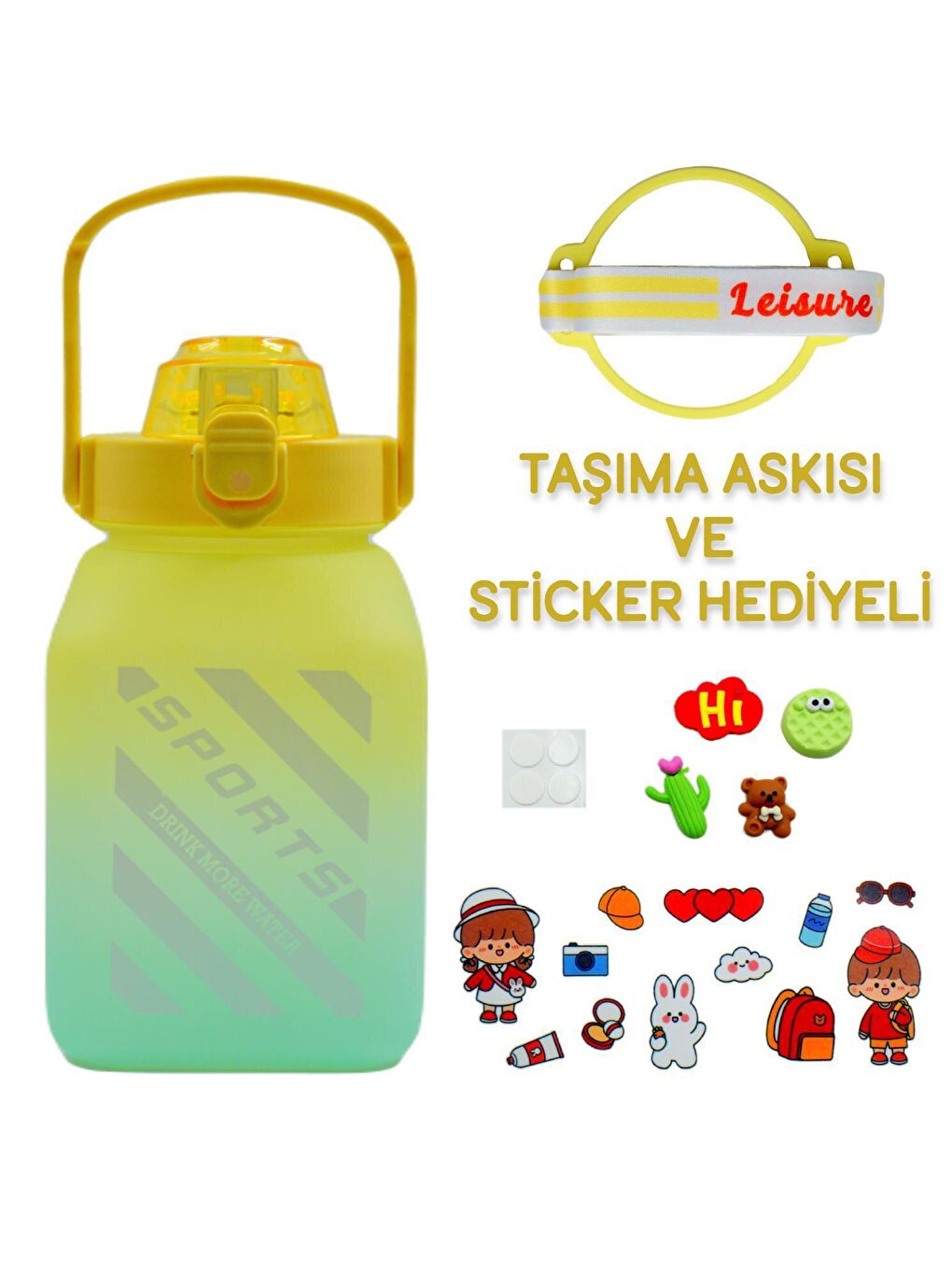 BottleBoss Sarı Kare Spor Model Taşıma Askılı Pipetli Motivasyon Matarası 1,5 Litre Sticker HEDİYELİ Sarı - 1