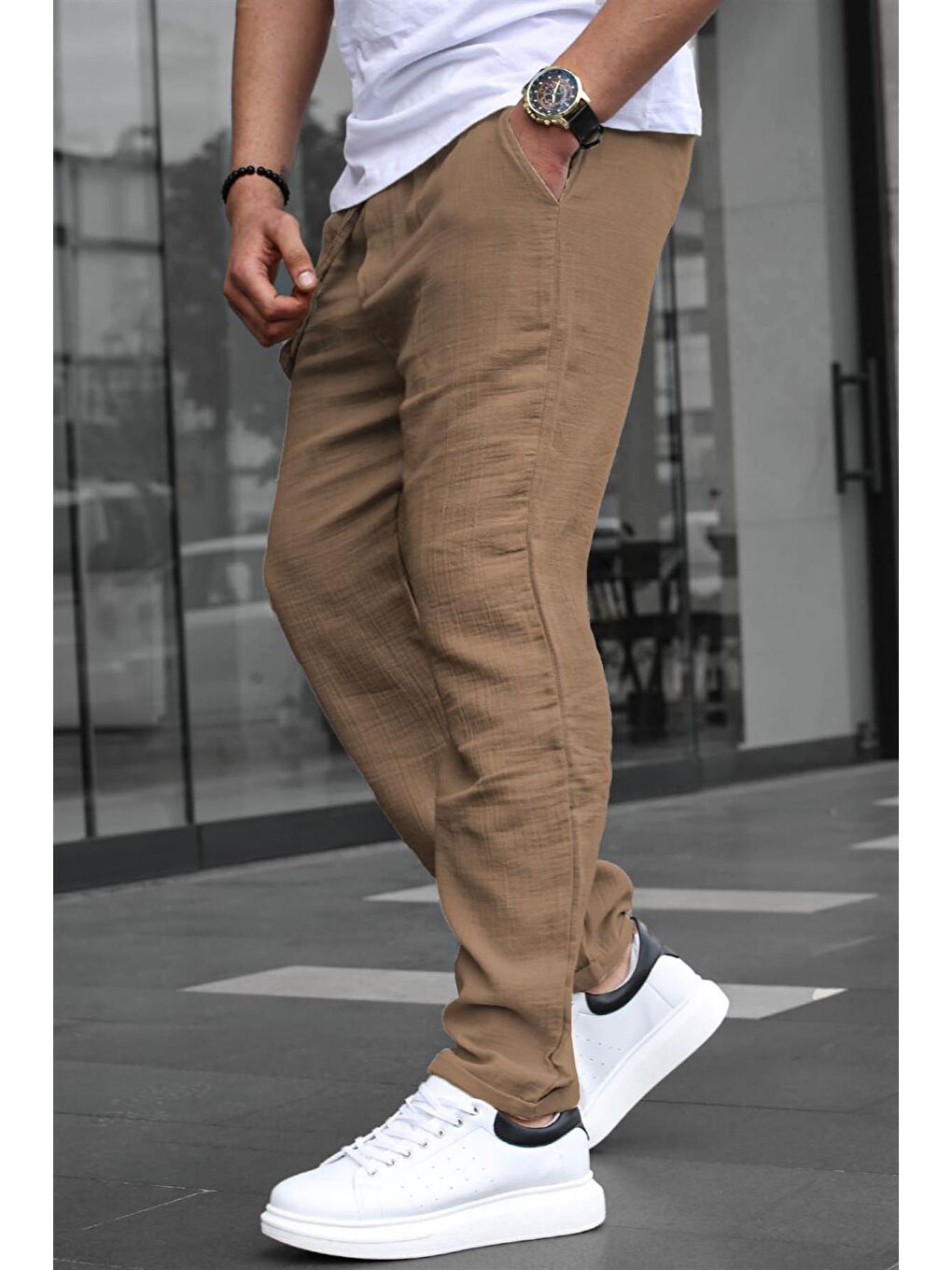 Bej Vizon Müslin Kumaş Erkek Basic %100 Pamuk Pantolon 6507