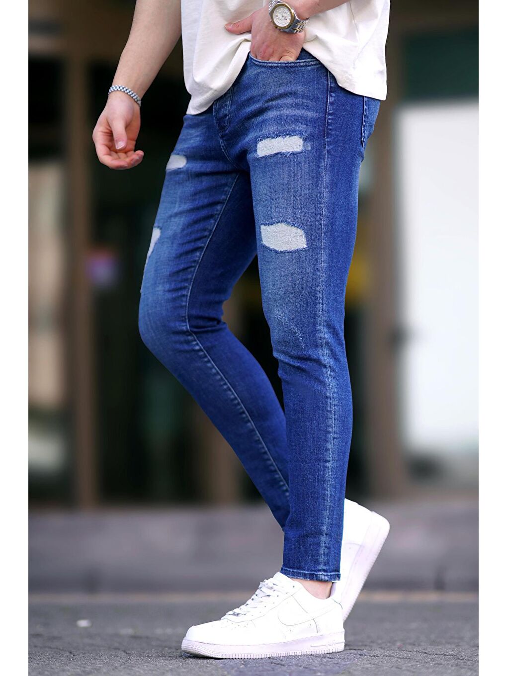 Madmext Koyu Mavi Yırtık Detaylı Skinny fit Erkek Jean 6890