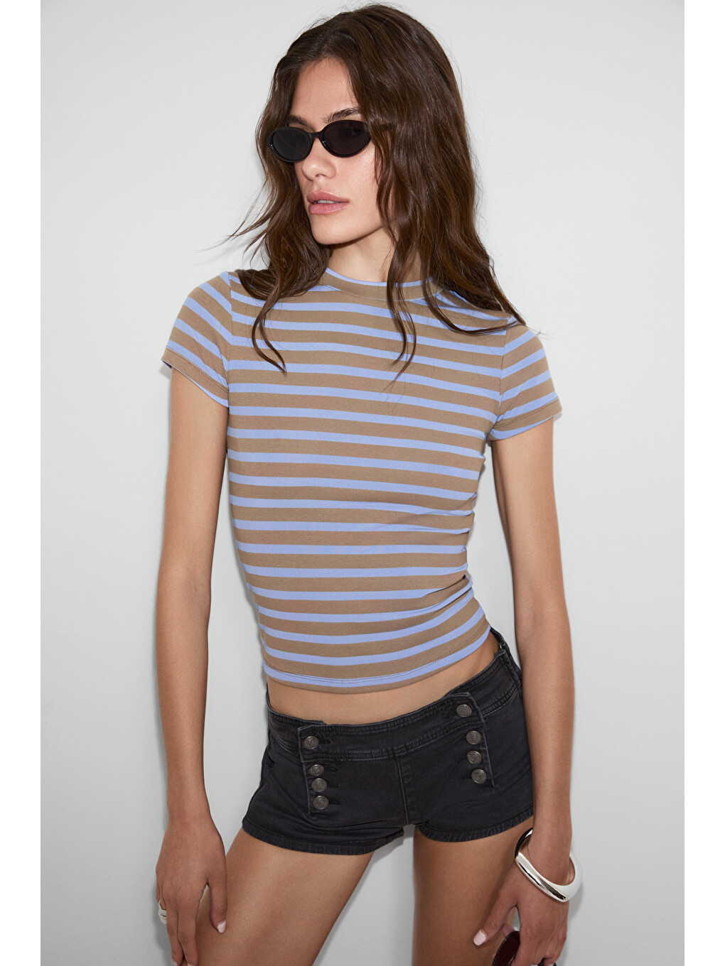 Hopewell Kadın Yuvarlak Yaka Örme Slim Fit Kahverengi-mavi T-shirt