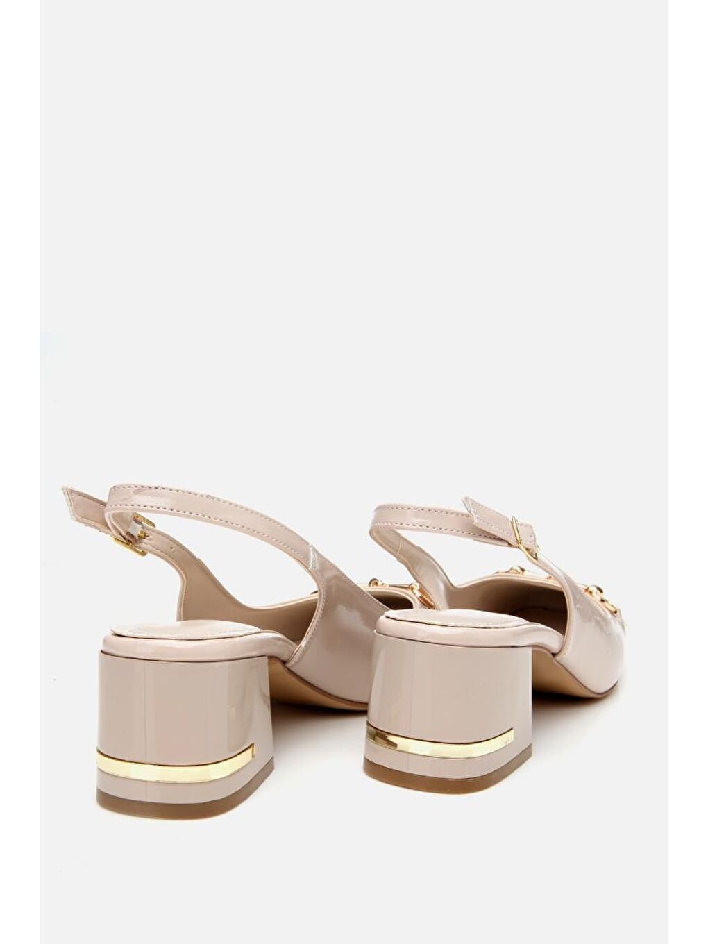 Kadın Rugan Bej Tokalı Arkası Açık Topuklu Ayakkabı-6