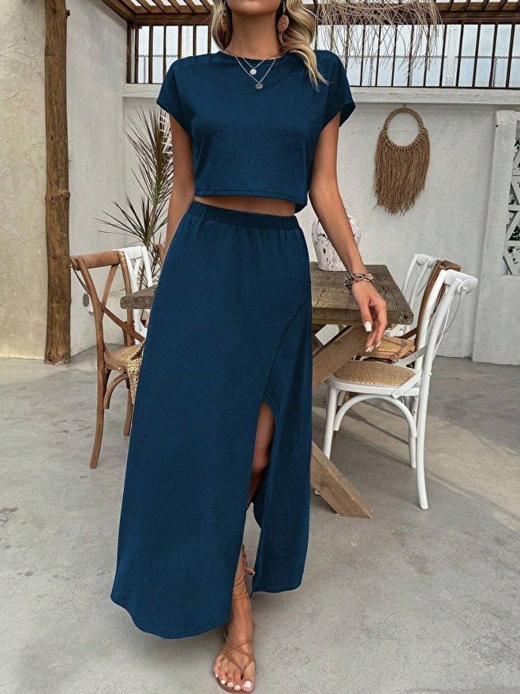 Lacivert Kadın Kısa Kollu Bisiklet Yaka Viskon Krop Bluz Ve Uzun Etek Ikili Takım-3