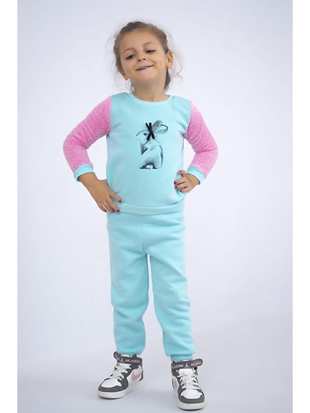 Mavi Kız Çocuk Baskılı 3 İplik Şardonlu Kalın Kumaş Basic Eşofman Takımı