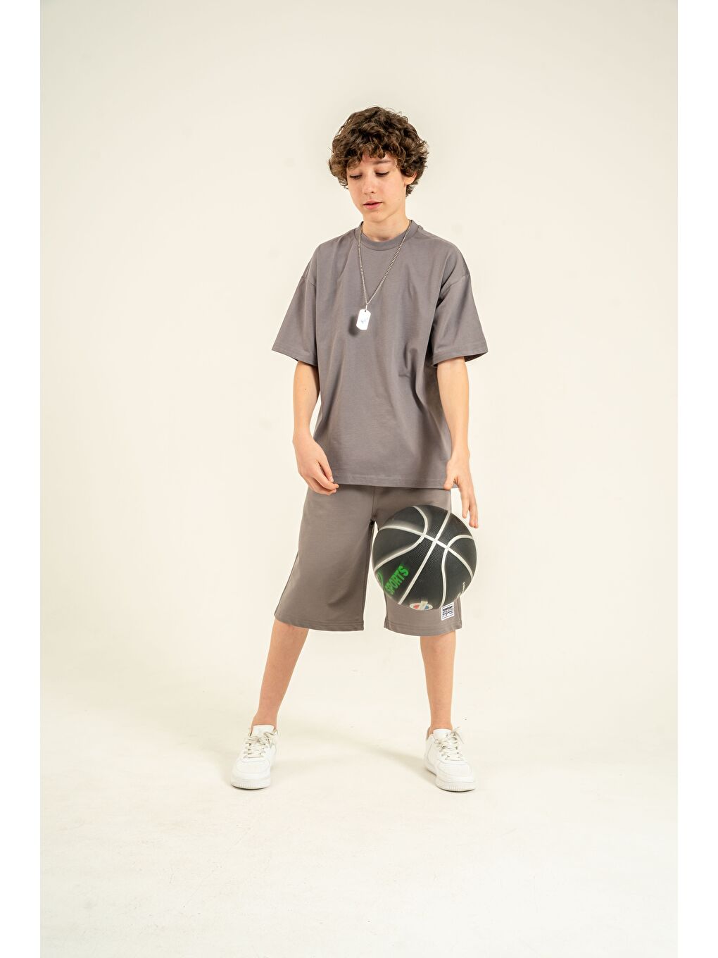 Gri Athletic Arma Nakışlı Kolyeli Erkek Çocuk Şort - Tişört Takımı-5